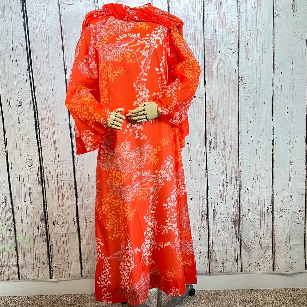 Vintage ANDRADE Hawaiian Holomu'u Watteau Train Kaftan MuuMuu Floral Dress MED